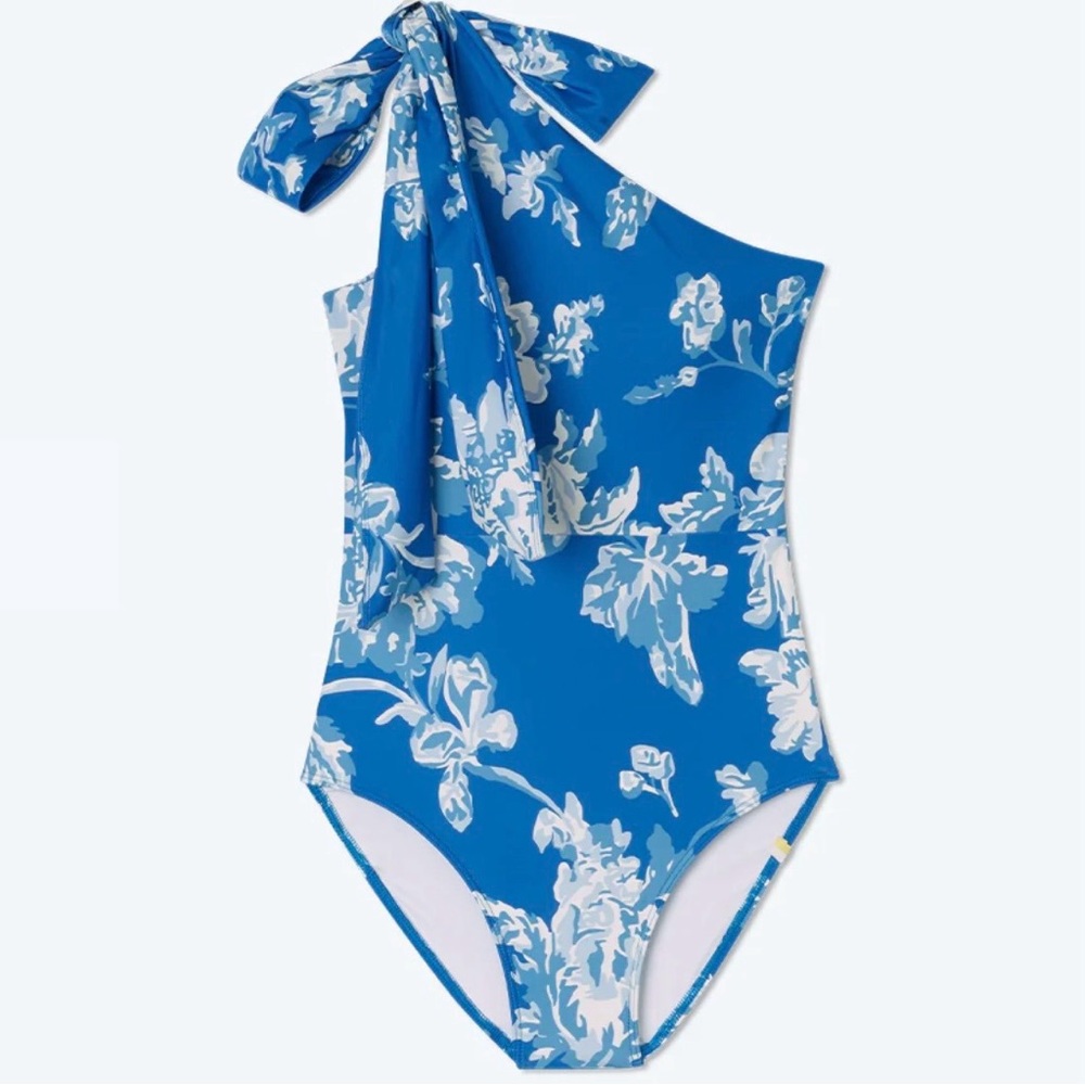 Summersalt The Bow-Shoulder Ruched Sidestroke Nouveau Toile - Lapis & White Sand
